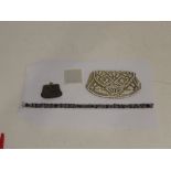LADY'S GREY AND WHITE BEADWORK EVENING BAG and a RIBBON OF BEADWORK inscribed 'Jesus Died for Me',