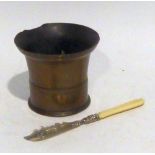 ANTIQUE BRONZE MORTAR, 4" (10.2cm) high (a.f.), TOGETHER WITH A VICTORIAN BUTTER KNIFE with engraved