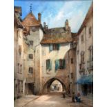 W.H. SUGDEN (Nineteenth/Twentieth century) WATERCOLOUR DRAWING Continental street scene with archway