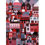 DENNIS PALMER (Twenty First Century, Leeds) GOUACHE Stylized townscape, 'Red, Black and White'