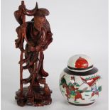 CHINESE CARVED REDWOOD FIGURE OF A FISHERMAN, 10" (25.5cm) TOGETHER WITH a bamboo BRUSH POT,