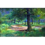 H.J.W. (Nineteenth Century) OIL PAINTING ON PANEL Woodland scene Initialled 6" x 9 1/2" (15.2cm x