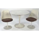 CIRCA 1960's WHITE PLASTIC SMALL PEDESTAL DINING TABLE AND PAIR OF MATCHING SINGLE CHAIRS, AND AN