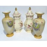 PAIR OF ROYAL WORCESTER PALISSY WARE HEXAGONAL VASES AND HIGH DOMED COVERS DECORATED WITH FINCHES ON