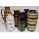 SIX STYLISH LARGE 'WEST GERMANY' POTTERY CYLINDRICAL VASES, INCLUDING ONE WITH HANDLE (6)