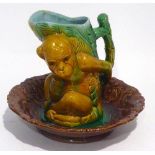 MINTON STYLE MAJOLICA 'MONKEY JUG', TOGETHER WITH A MOULDED MAJOLICA POTTERY FOOTED DISH (2)