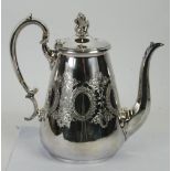 A VICTORIAN LARGE SILVER PLATED COFFEE POT, coffee pot of tall ovular form, the low domed hinged lid