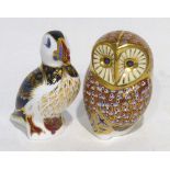 ROYAL CROWN DERBY CHINA PUFFIN PAPERWEIGHT AND ANOTHER OF AN OWL (2)