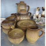 DENBY STONEWARE TEAPOT, COFFEE POT, SIX CUPS, SIX SAUCERS, MILK JUG AND A SUGAR BASIN