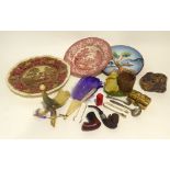 ASSORTED ITEMS OF POTTERY; FEATHER AND BONE FAN, PIPE, ELECTROPLATE SUGAR TONGS ETC.....