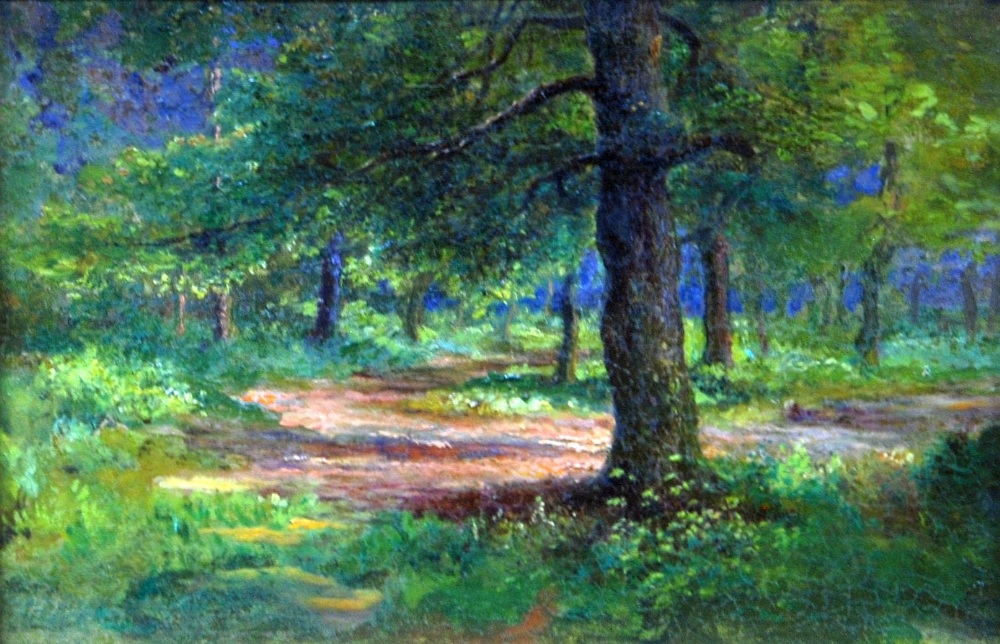 H.J.W. (Nineteenth Century) OIL PAINTING ON PANEL Woodland scene Initialled 6" x 9 1/2" (15.2cm x