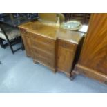 SMALL GEORGIAN STYLE MAHOGANY BREAKFRONT SIDEBOARD, WITH SWAN NECK HANDLES AND BRACKET FEET