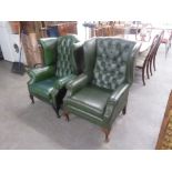 A LADY'S AND GENTS GEORGIAN STYLE FIRESIDE ARMCHAIRS, BUTTON UPHOLSTERED IN GREEN HIDE (2)