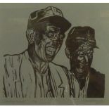 ROGER HAMPSON (1925-1996) LINOCUT ON GREY PAPER, 'Laughing Miners' Signed, titled and numbered in