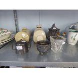 TWO POTTERY HOT WATER BOTTLES, AND THREE PIECES OF E.P. WARES - TEA SET AND A GLASS SUGAR BOWL