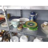 A PRINTED BLUE AND WHITE POTTERY COFFEE POT, FOUR VARIOUS LEAF MOULDED DISHES AND PLATED AND OTHER