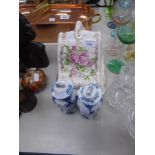 A PAIR OF WOOD'S AND SON 'MING' WARE VASES AND COVERS AND A POTTERY CHEESE DISH WITH DOMED COVER (3)