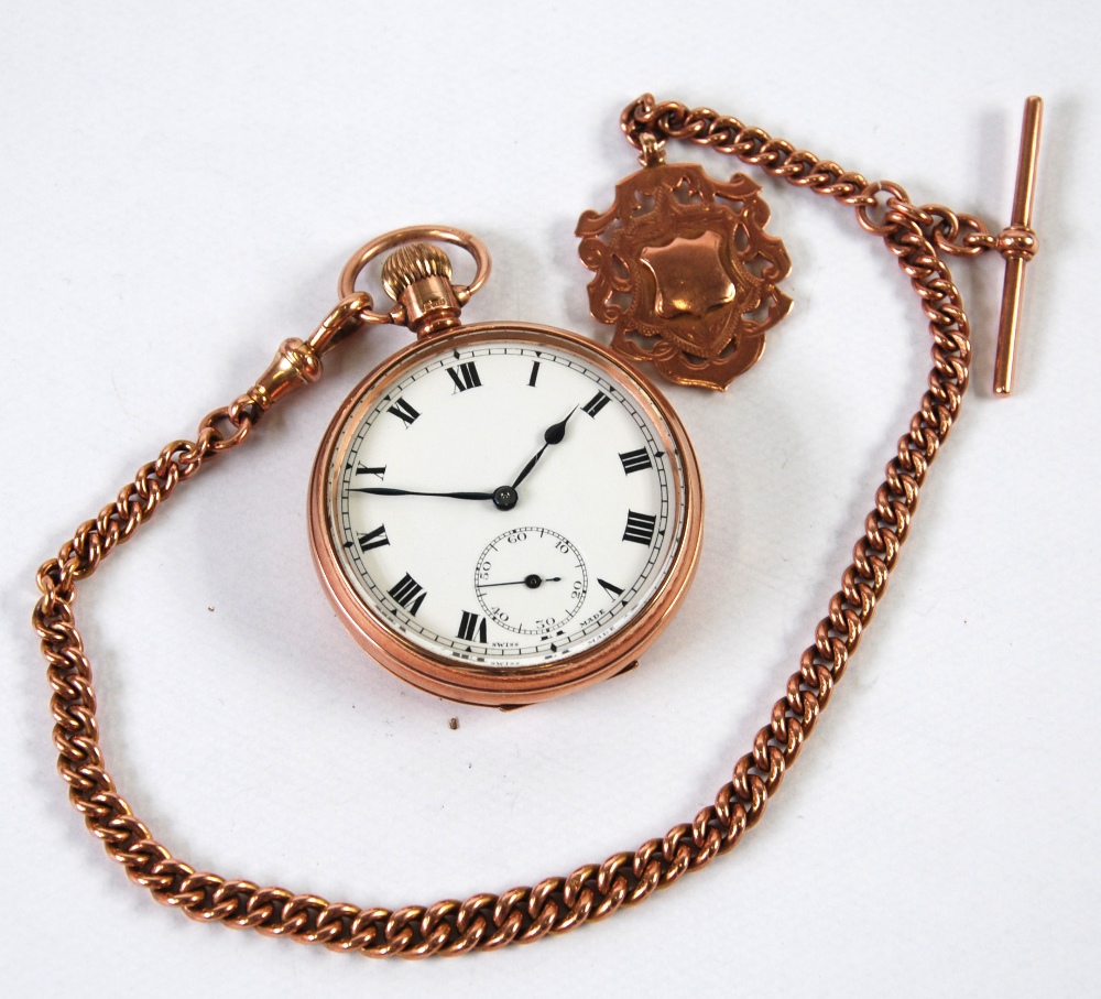 9ct GOLD CASED OPEN FACE POCKET WATCH, having self wind Swiss 15 jewel movement, plain Roman dial