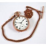 9ct GOLD CASED OPEN FACE POCKET WATCH, having self wind Swiss 15 jewel movement, plain Roman dial