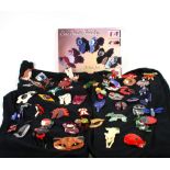 APPROX 50 FRENCH LEA STEIN PLASTIC COSTUME JEWELLERY BROOCHES etc... TOGETHER WITH A HARDBOUND