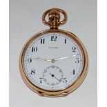 TROJAN SWISS 9ct GOLD OPEN-FACED POCKET WATCH with 15 jewel movement, white Arabic dial with