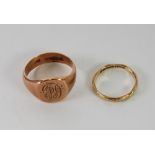 A GENT'S 9ct GOLD SIGNET RING, and an engraved 9ct GOLD WEDDING RING, 8.4gms (2)