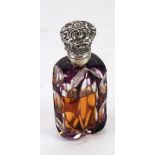 AMETHYST CASED AND FLASH CUT GLASS SCENT BOTTLE with embossed silver coloured metal collar and