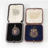 TWO DERBYSHIRE FOOTBALL ASSOCIATION SILVER AND ENAMELLED 'MEDAL COMPETITIONS WINNERS' MEDALLIONS