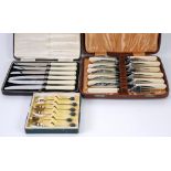 CASED SET OF SIX PAIRS OF FISH EATERS, with bone handles, CASED SET OF SIX AFTERNOON TEA KNIVES with