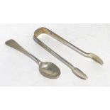 A PAIR OF ENGRAVED SILVER SUGAR TONGS AND A SILVER TEASPOON (2)