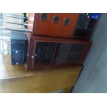 BUSH STACKING STEREO SYSTEM WITH RECORD TURNTABLE, IN MAHOGANY CABINET WITH GLASS FOLDING DOOR AND