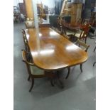 REGENCY STYLE FIGURED MAHOGANY LARGE DINING TABLE, THE ONE PIECE TOP HAVING 'D' ENDS AND CROSSBANDED