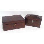 A MAHOGANY OBLONG WORK BOX WITH BRASS TABLET, 9 3/4" WIDE AND TEA CADDY