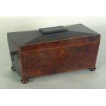 GOOD NINETEENTH CENTURY BURR YEW-WOOD AND LINE INLAID LARGE TEA CADDY, of sarcophagus form with