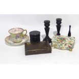 A FOUR PIECE EBONY PART DRESSING TABLE SET, a late VICTORIAN PORCELAIN MOUSTACHE CUP AND SAUCER