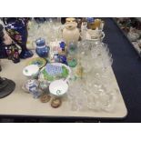 A PAIR OF WOOD'S AND SON 'MING' WARE VASES AND COVERS AND A POTTERY CHEESE DISH WITH DOMED COVER A