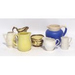 A WADE 'FESTIVAL' LUSTRE CREAM JUG AND SUGAR BOWL, WHITE CHINA HUNTING JUG AND FOUR SMALL CERAMIC