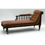 VICTORIAN MAHOGANY CHAISE LONGUE, of typical form with spindle turned, galleries elbow rest, deep