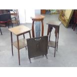 AN EWDARDIAN MAHOGANY PLANT STAND, TWO OTHERS AND AN OXFORD METAL FIRE SCREEN (4)