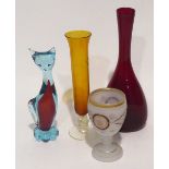 ITALIAN COLOURED GLASS MODEL OF A CAT (A.F.), A RUBY VASE, AN AMBER SPECIMEN VASE AND A WHITE OPAQUE