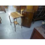 EARLY TWENTIETH CENTURY OAK SHAPED OBLONG OCCASIONAL TABLE, WITH TALL SCROLL SUPPORTS AND UNDERSTAGE