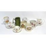 SIX ROYAL COMMEMORATIVE CHINA MUGS AND SAUCER, JUG AND SUCRIER