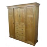 A CIRCA 1900 ASH BEACONSFIELD TYPE WARDROBE WITH TWO FULL LENGTH HANDING ROBES FLANKING AN