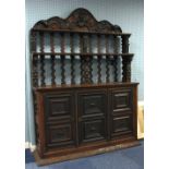 CONTINENTAL ANTIQUE AND LATER COMPOSITE OAK SIDEBOARD, the plate rack with two advancing tiers