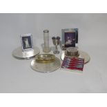 VICTORIAN CUT GLASS SPECIMEN FLOWER VASE, WITH SILVER COLLAR, 7" HIGH, BOXED SET O SIX CAKE FORKS,