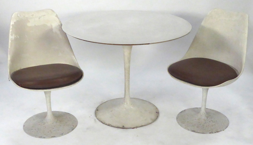 CIRCA 1960's WHITE PLASTIC SMALL PEDESTAL DINING TABLE AND PAIR OF MATCHING SINGLE CHAIRS, AND AN