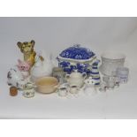 BLUE AND WHITE POTTER LARGE TWO HANDLED TUREEN AND COVER AND SUNDRY ITEMS VARIOUS