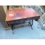 A FIGURED MAHOGANY REGENCY STYLE SOFA TABLE WITH TWO DRAWERS, ON LYRE SHAPED SUPPORTS AND CHEVAL