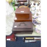 NINETEENTH CENTURY MAHOGANY CHESS SET BOX AND A REGENCY MAHOGANY TEA CADDY (IN NEED OF