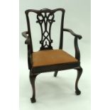 SET OF EIGHT MODERN CHIPPENDALE STYLE DARK MAHOGANY STAINED DINING CHAIRS, (6+2), each with scroll c